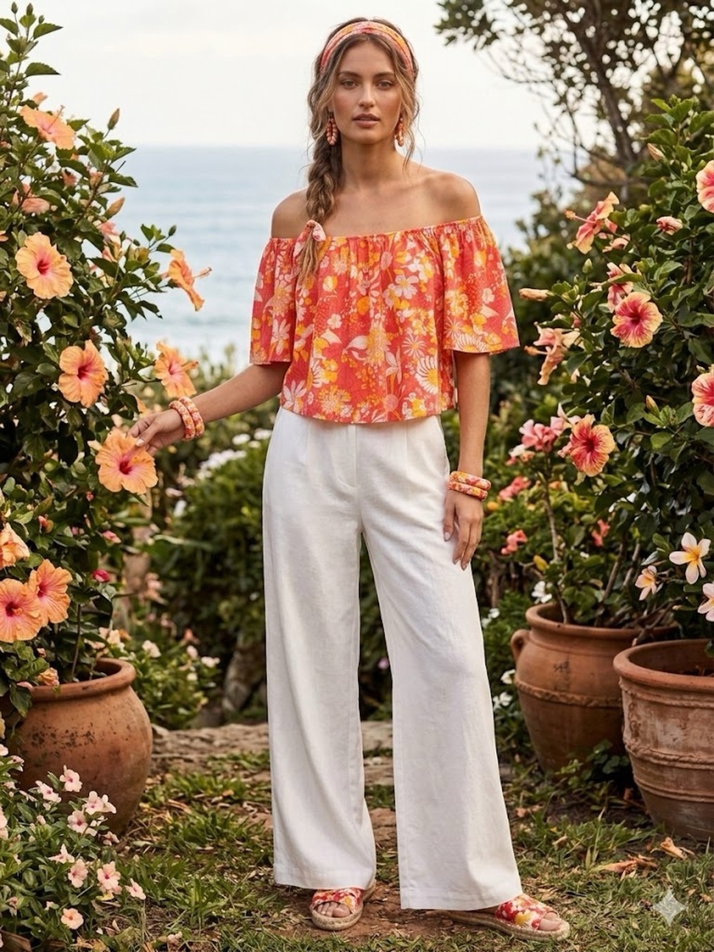Maverick The Collection Coral Floral Off-Shoulder Crop Top Resort wear